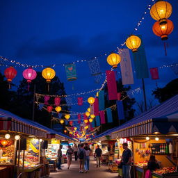 A delightful festival scene filled with colorful street markets under a deep navy blue sky