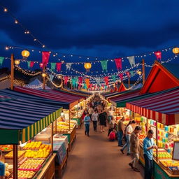 A delightful festival scene filled with colorful street markets under a deep navy blue sky