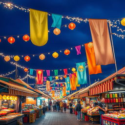 A delightful festival scene filled with colorful street markets under a deep navy blue sky