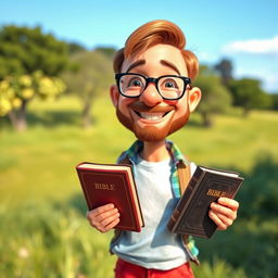 A small, whimsical man holding a Bible in his hand, standing in a serene outdoor setting
