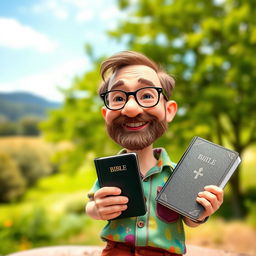 A small, whimsical man holding a Bible in his hand, standing in a serene outdoor setting