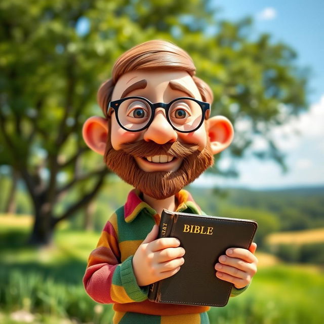 A small, whimsical man holding a Bible in his hand, standing in a serene outdoor setting