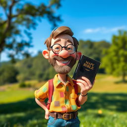 A small, whimsical man holding a Bible in his hand, standing in a serene outdoor setting