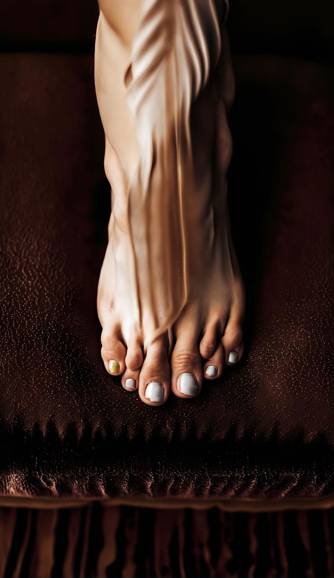 Elegant bare feet resting on a plush velvet cushion, bathed in soft, warm light.