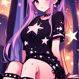 Anime profile picture of a beautiful full-bodied woman with emo grunge aesthetic, dressed in star-patterned night-linen against a twilight backdrop.