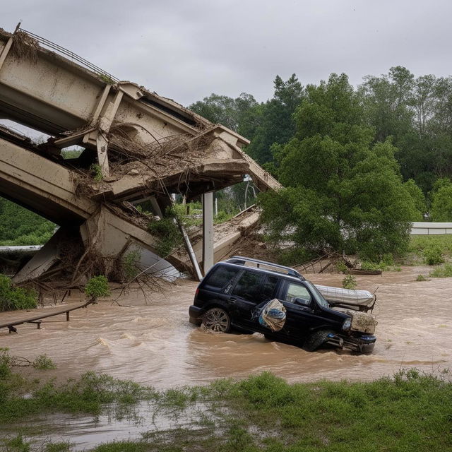 An SUV tossed about amidst the wreckage of a one-lane, road-level bridge that has been destroyed by a powerful flood.