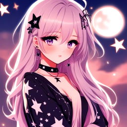 Anime profile picture of a beautiful full-bodied woman with emo grunge aesthetic, dressed in star-patterned night-linen against a twilight backdrop.