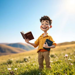 A small, whimsical man holding a Bible in his hand, standing in a peaceful outdoor environment