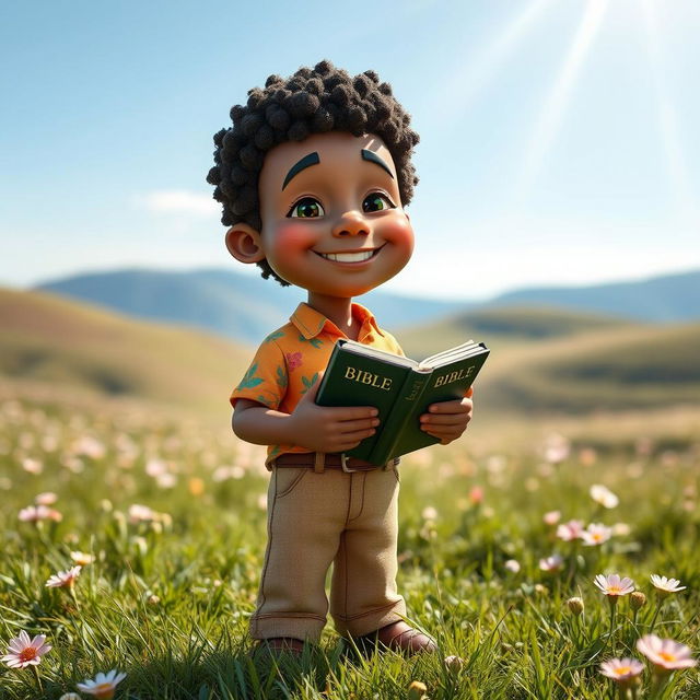 A small, whimsical man holding a Bible in his hand, standing in a peaceful outdoor environment