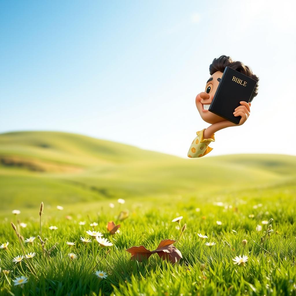 A small, whimsical man holding a Bible in his hand, standing in a peaceful outdoor environment