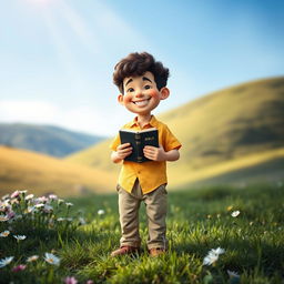 A small, whimsical man holding a Bible in his hand, standing in a peaceful outdoor environment