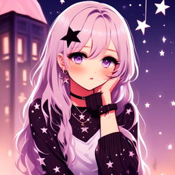 Anime profile picture of a beautiful full-bodied woman with emo grunge aesthetic, dressed in star-patterned night-linen against a twilight backdrop.