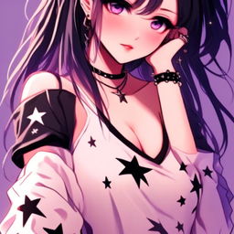 Anime profile picture of a beautiful full-bodied woman with emo grunge aesthetic, dressed in star-patterned night-linen against a twilight backdrop.