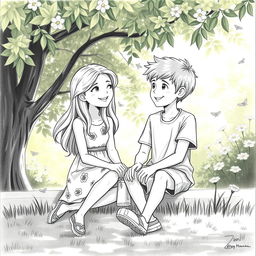 A beautifully detailed pencil drawing of a girl and a boy sitting together in a serene park setting