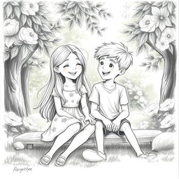 A beautifully detailed pencil drawing of a girl and a boy sitting together in a serene park setting