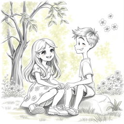 A beautifully detailed pencil drawing of a girl and a boy sitting together in a serene park setting