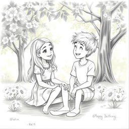 A beautifully detailed pencil drawing of a girl and a boy sitting together in a serene park setting