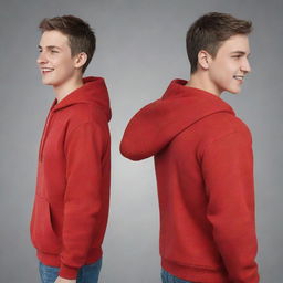 A handsome, cheerful, white teenager wearing a red hoodie presented from the front view, right-side view, left-side view, and back view. Aim for high detail and hyper-realistic image.