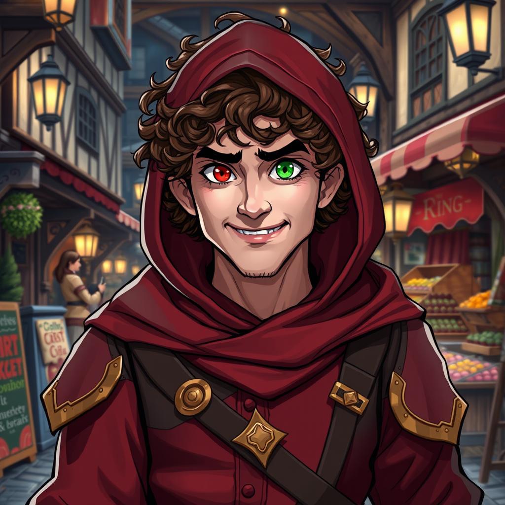 A curly brown-haired middle-aged rogue character with striking red and green eyes, dressed in a hooded medieval ensemble that features rich colors of red, black, and gold