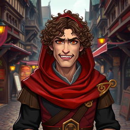 A curly brown-haired middle-aged rogue character with striking red and green eyes, dressed in a hooded medieval ensemble that features rich colors of red, black, and gold