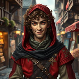 A curly brown-haired middle-aged rogue character with striking red and green eyes, dressed in a hooded medieval ensemble that features rich colors of red, black, and gold