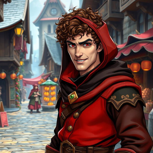 A curly brown-haired middle-aged rogue character with striking red and green eyes, dressed in a hooded medieval ensemble that features rich colors of red, black, and gold