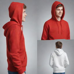 A handsome, cheerful, white teenager wearing a red hoodie presented from the front view, right-side view, left-side view, and back view. Aim for high detail and hyper-realistic image.