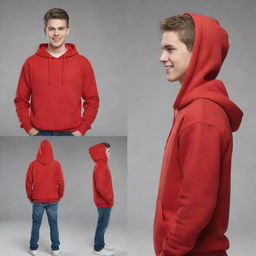 A handsome, cheerful, white teenager wearing a red hoodie presented from the front view, right-side view, left-side view, and back view. Aim for high detail and hyper-realistic image.