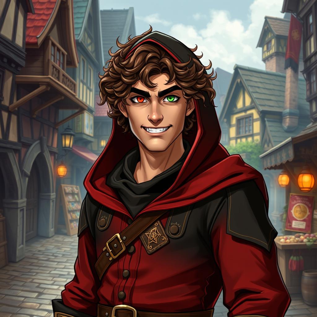 A curly brown-haired middle-aged rogue character with vibrant red and green eyes, clad in a stylish hooded medieval outfit that features rich tones of red, black, and gold