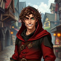 A curly brown-haired middle-aged rogue character with vibrant red and green eyes, clad in a stylish hooded medieval outfit that features rich tones of red, black, and gold