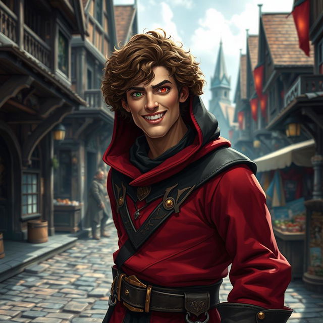 A curly brown-haired middle-aged rogue character with vibrant red and green eyes, clad in a stylish hooded medieval outfit that features rich tones of red, black, and gold