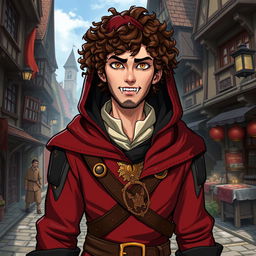 A curly brown-haired middle-aged rogue character with vibrant red and green eyes, clad in a stylish hooded medieval outfit that features rich tones of red, black, and gold