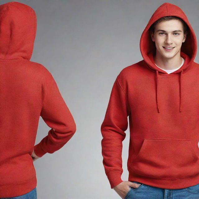 A handsome, cheerful, white teenager wearing a red hoodie presented from the front view, right-side view, left-side view, and back view. Aim for high detail and hyper-realistic image.