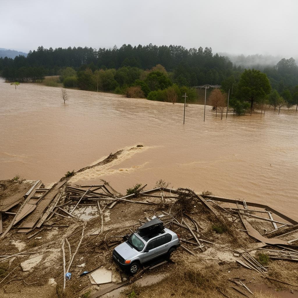 An SUV tossed about amidst the wreckage of a one-lane, road-level bridge that has been destroyed by a powerful flood.