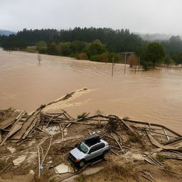 An SUV tossed about amidst the wreckage of a one-lane, road-level bridge that has been destroyed by a powerful flood.