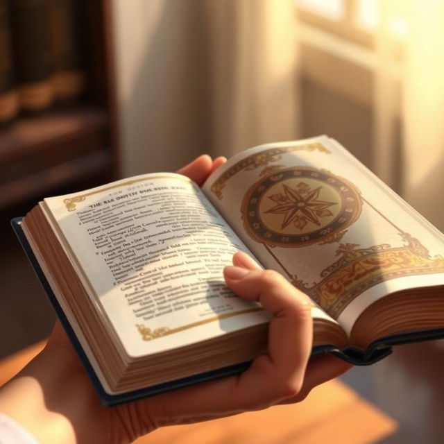 A close-up illustration of a hand gently holding an open Bible