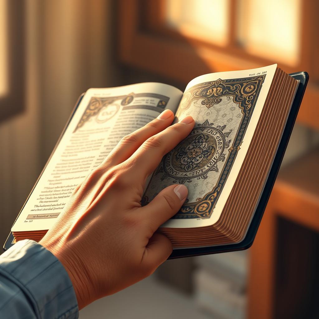 A close-up illustration of a hand gently holding an open Bible