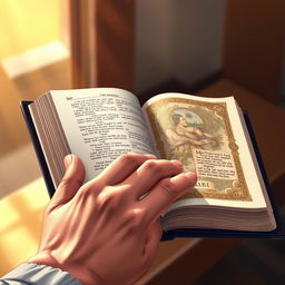 A close-up illustration of a hand gently holding an open Bible