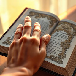 A close-up illustration of a hand gently holding an open Bible