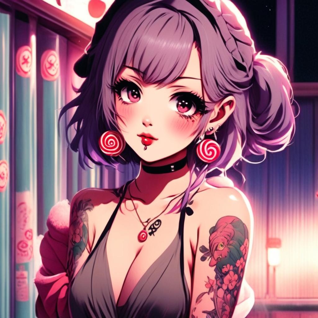 Beautiful anime grunge girl with face tattoos and lollipop, wrapped in a towel, standing in front of a night-lit bathhouse.