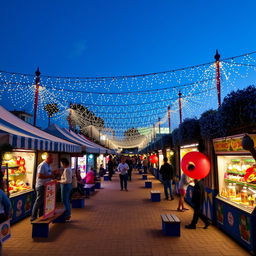 A fun festival scene featuring vibrant street markets under a serene navy blue sky