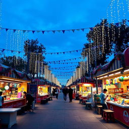 A fun festival scene featuring vibrant street markets under a serene navy blue sky