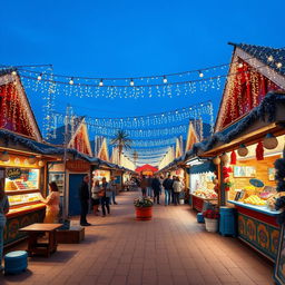 A fun festival scene featuring vibrant street markets under a serene navy blue sky