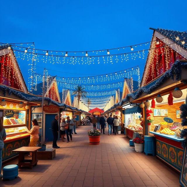 A fun festival scene featuring vibrant street markets under a serene navy blue sky