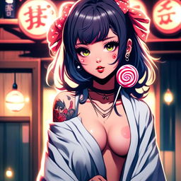 Beautiful anime grunge girl with face tattoos and lollipop, wrapped in a towel, standing in front of a night-lit bathhouse.