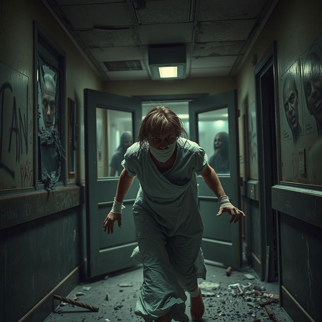 A dramatic scene of a patient wrapped in bandages, looking disheveled and desperate, breaking free from a hospital amidst a chaotic zombie apocalypse