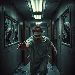 A dramatic scene of a patient wrapped in bandages, looking disheveled and desperate, breaking free from a hospital amidst a chaotic zombie apocalypse