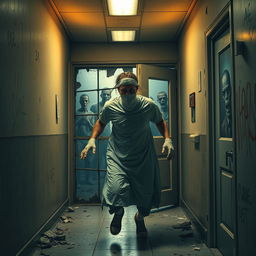 A dramatic scene of a patient wrapped in bandages, looking disheveled and desperate, breaking free from a hospital amidst a chaotic zombie apocalypse