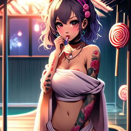 Beautiful anime grunge girl with face tattoos and lollipop, wrapped in a towel, standing in front of a night-lit bathhouse.