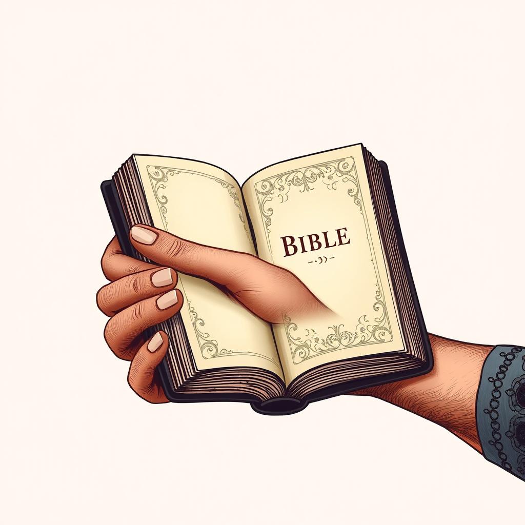 An illustration of a hand holding a Bible, showcasing intricate details of the hand's texture and the Bible's cover with ornate designs